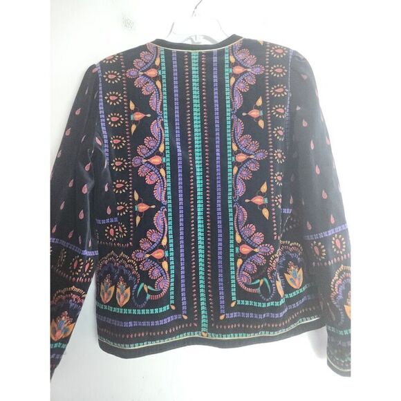 Saxton Hall Women Black w/Multicolor Pattern Gold Button Velvet Jacket size 8 - Picture 2 of 11